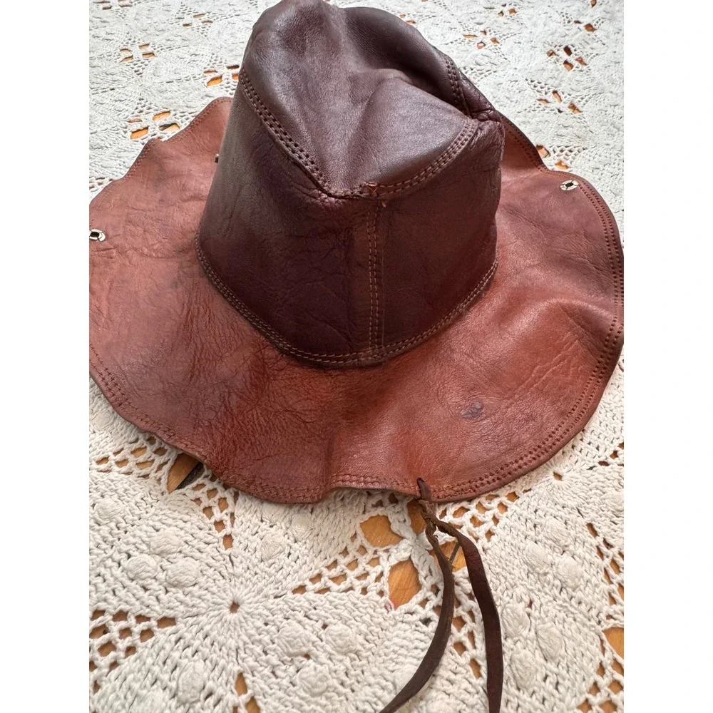 Vintage‎ 70's Brown Leather Rancher Hat Snap Up Brim Western Cowboy S